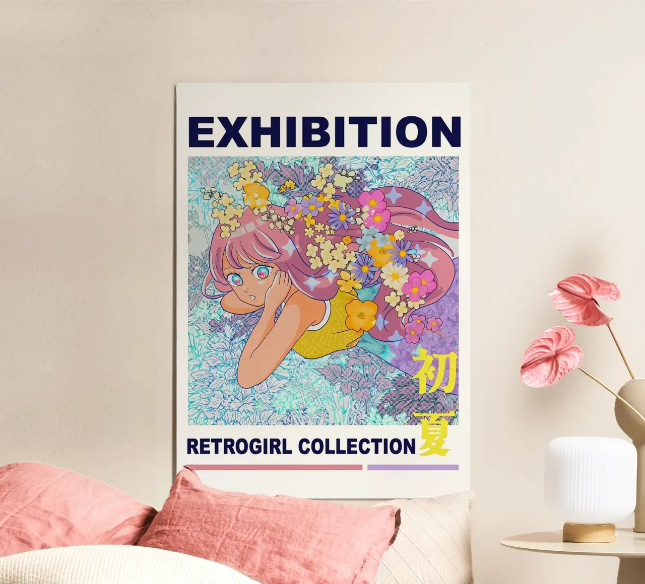 Ragazza retrò con fiori poster con telaio in plastica da diedrich