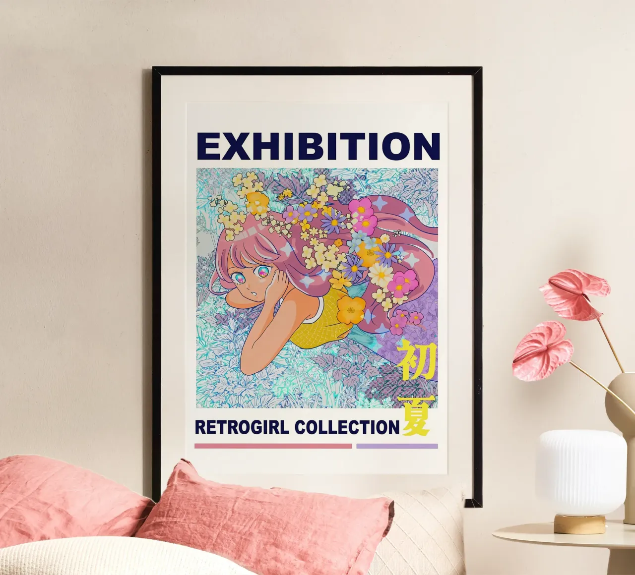 Ragazza retrò con fiori poster con telaio in plastica da diedrich