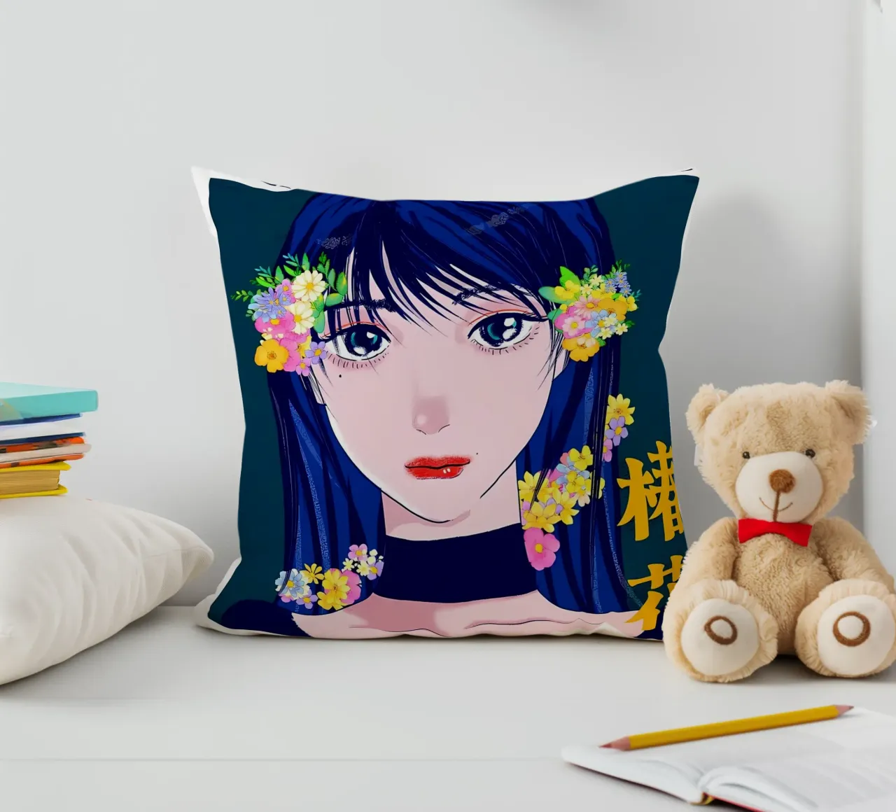 Ragazza retrò con fiori cuscino da diedrich