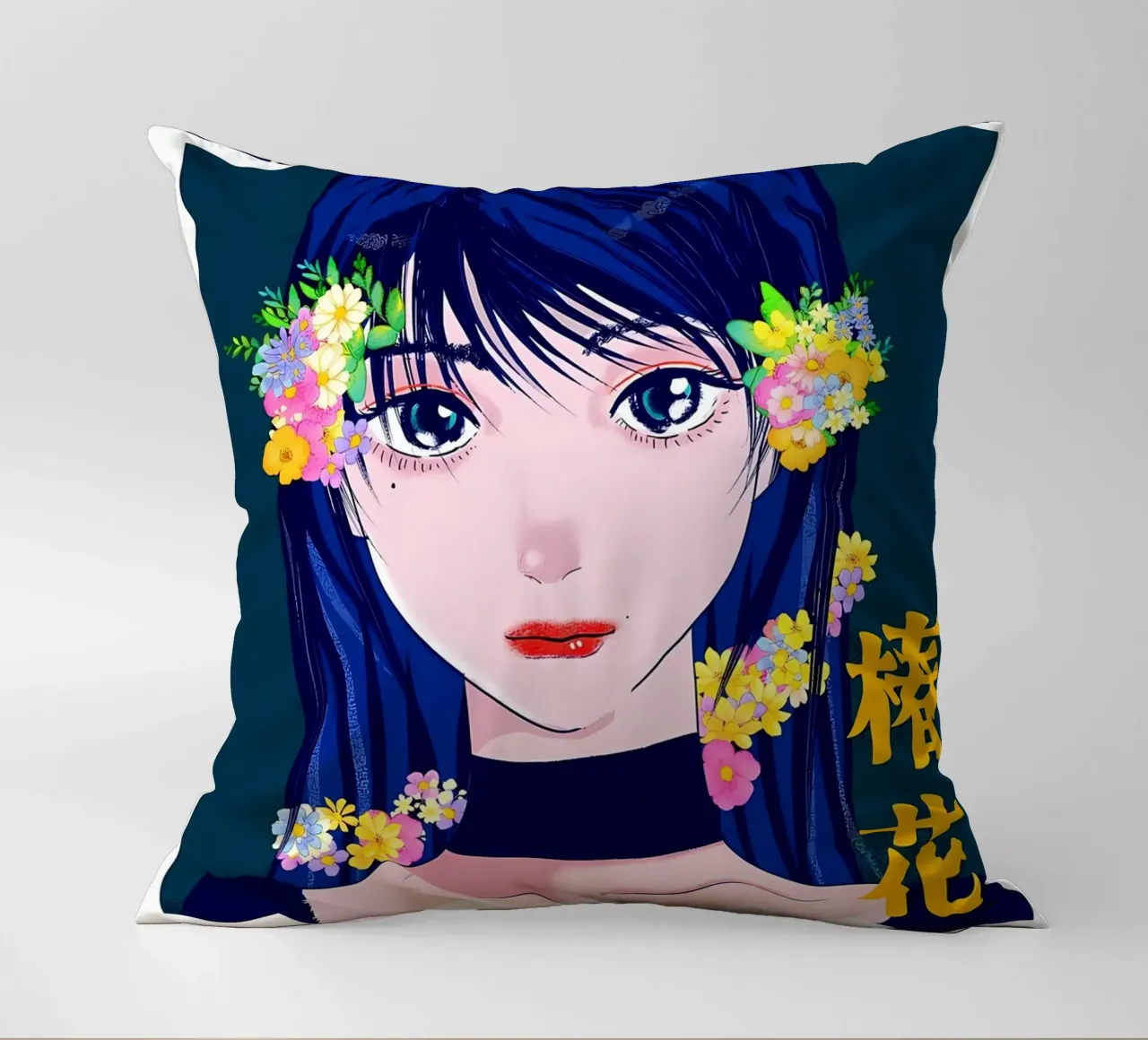 Ragazza retrò con fiori cuscino da diedrich