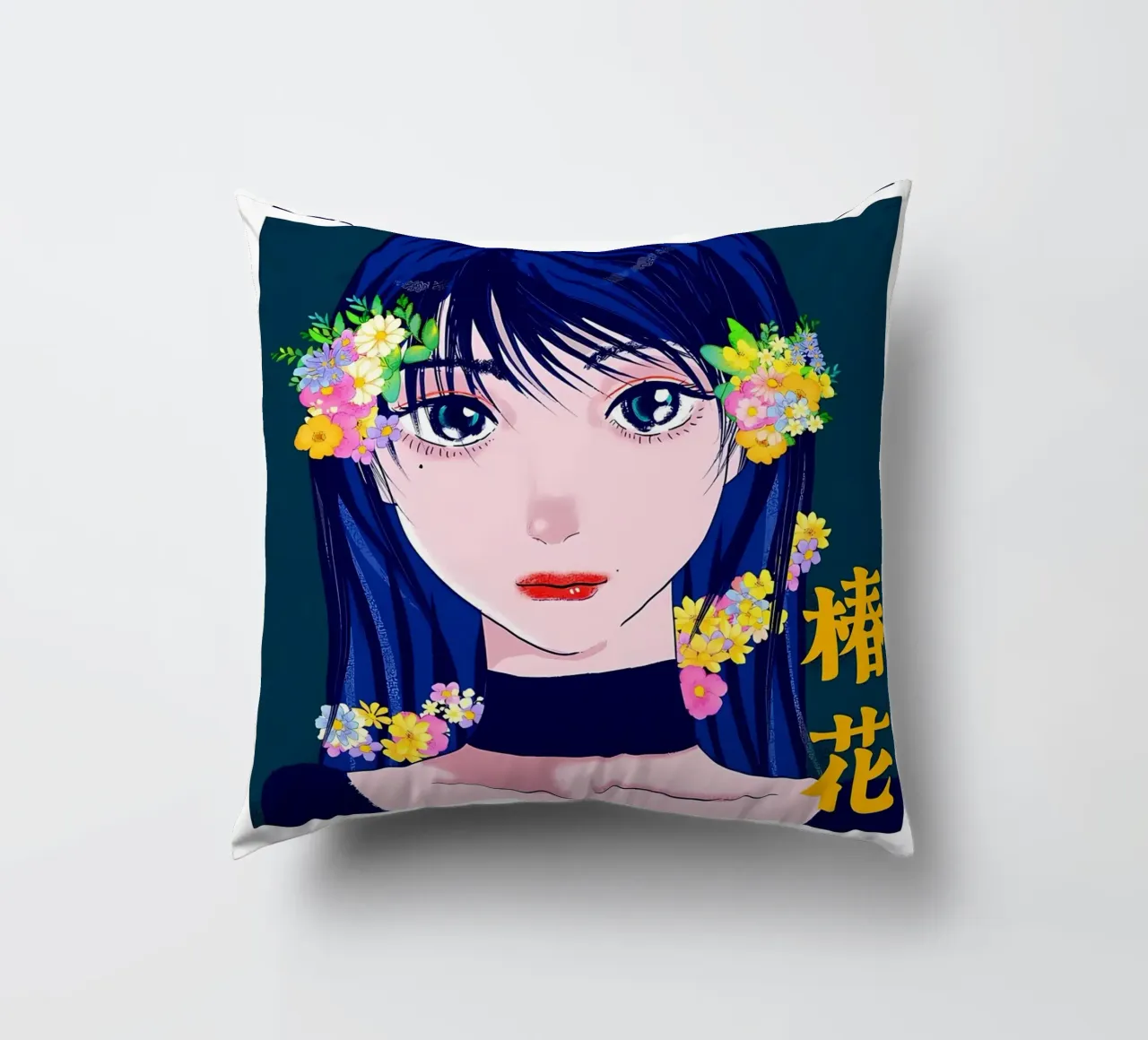 Ragazza retrò con fiori cuscino da diedrich