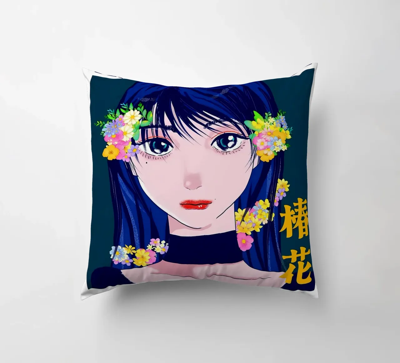 Ragazza retrò con fiori cuscino da diedrich