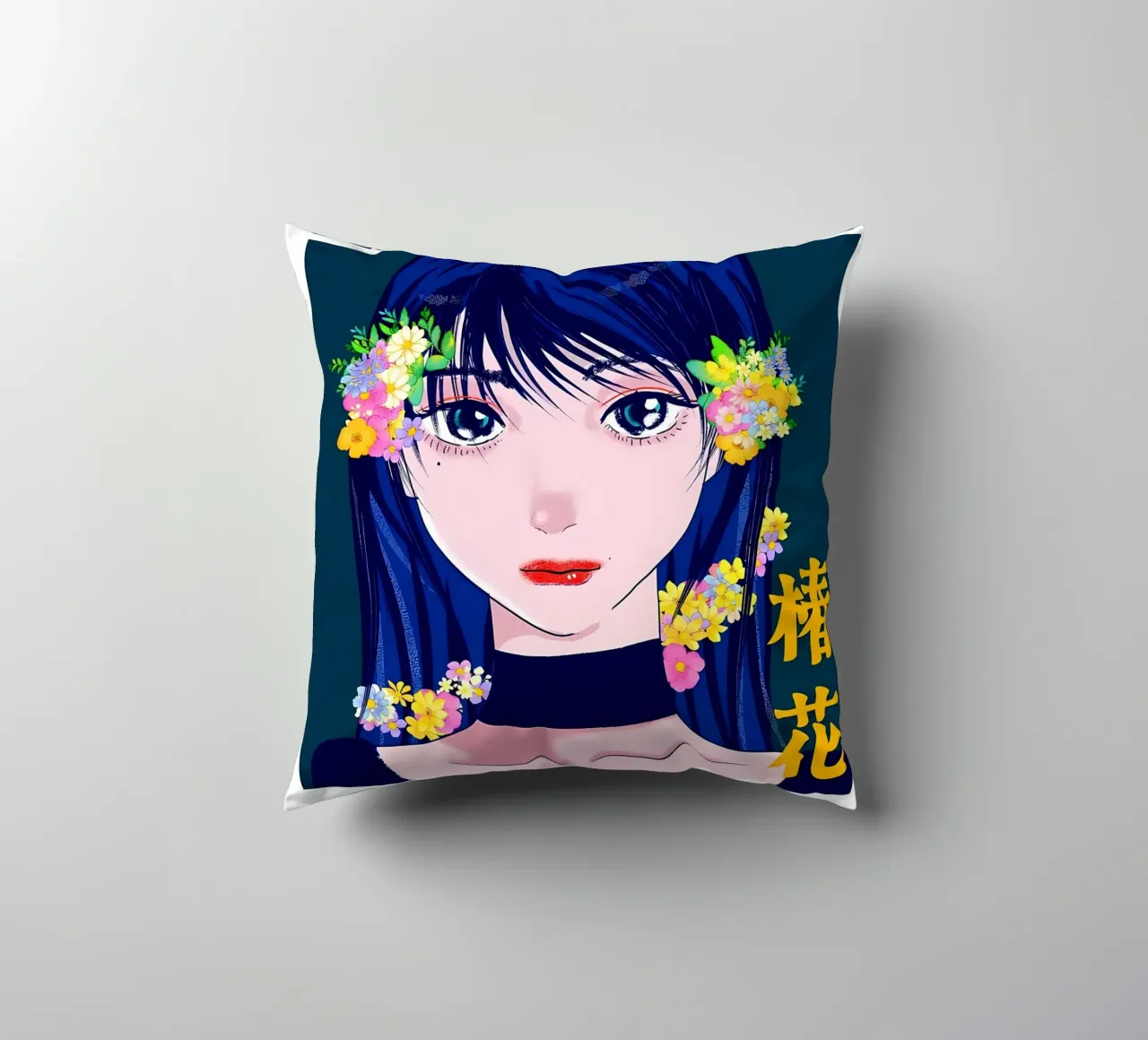 Ragazza retrò con fiori cuscino da diedrich