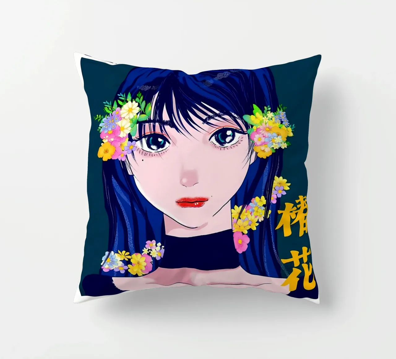 Ragazza retrò con fiori cuscino da diedrich