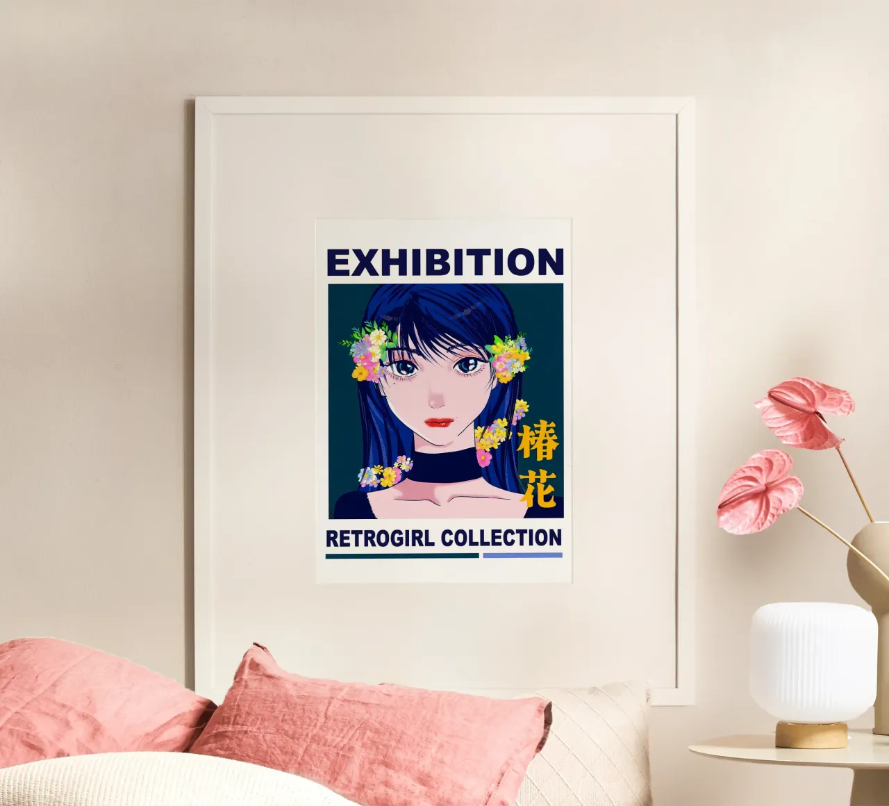 Ragazza retrò con fiori poster con telaio in plastica da diedrich