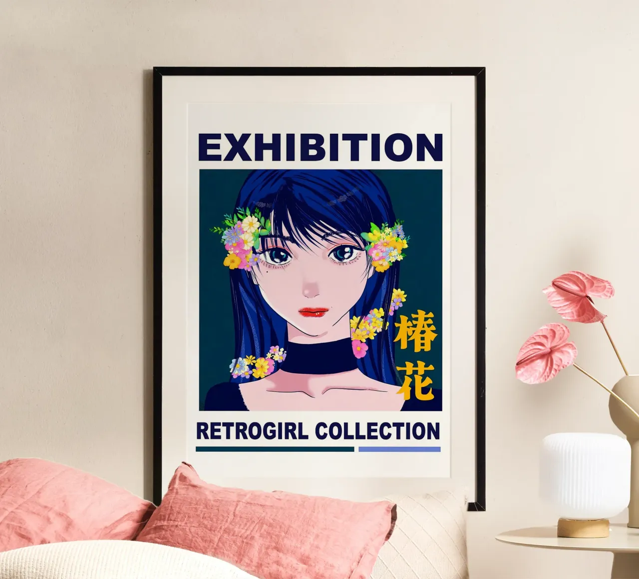 Ragazza retrò con fiori poster con telaio in plastica da diedrich