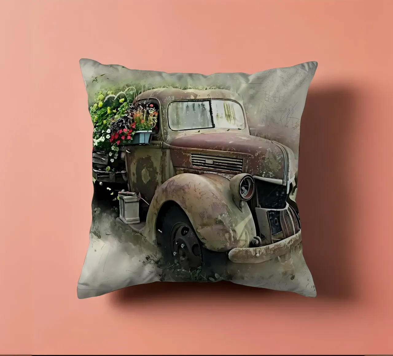 Auto retrò con fiori cuscino da diedrich