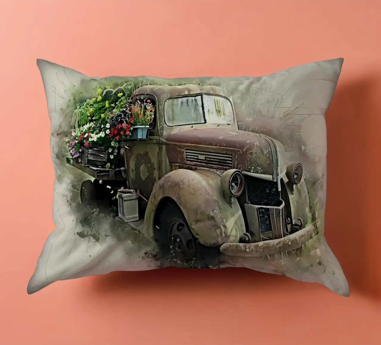 Auto retrò con fiori cuscino da diedrich