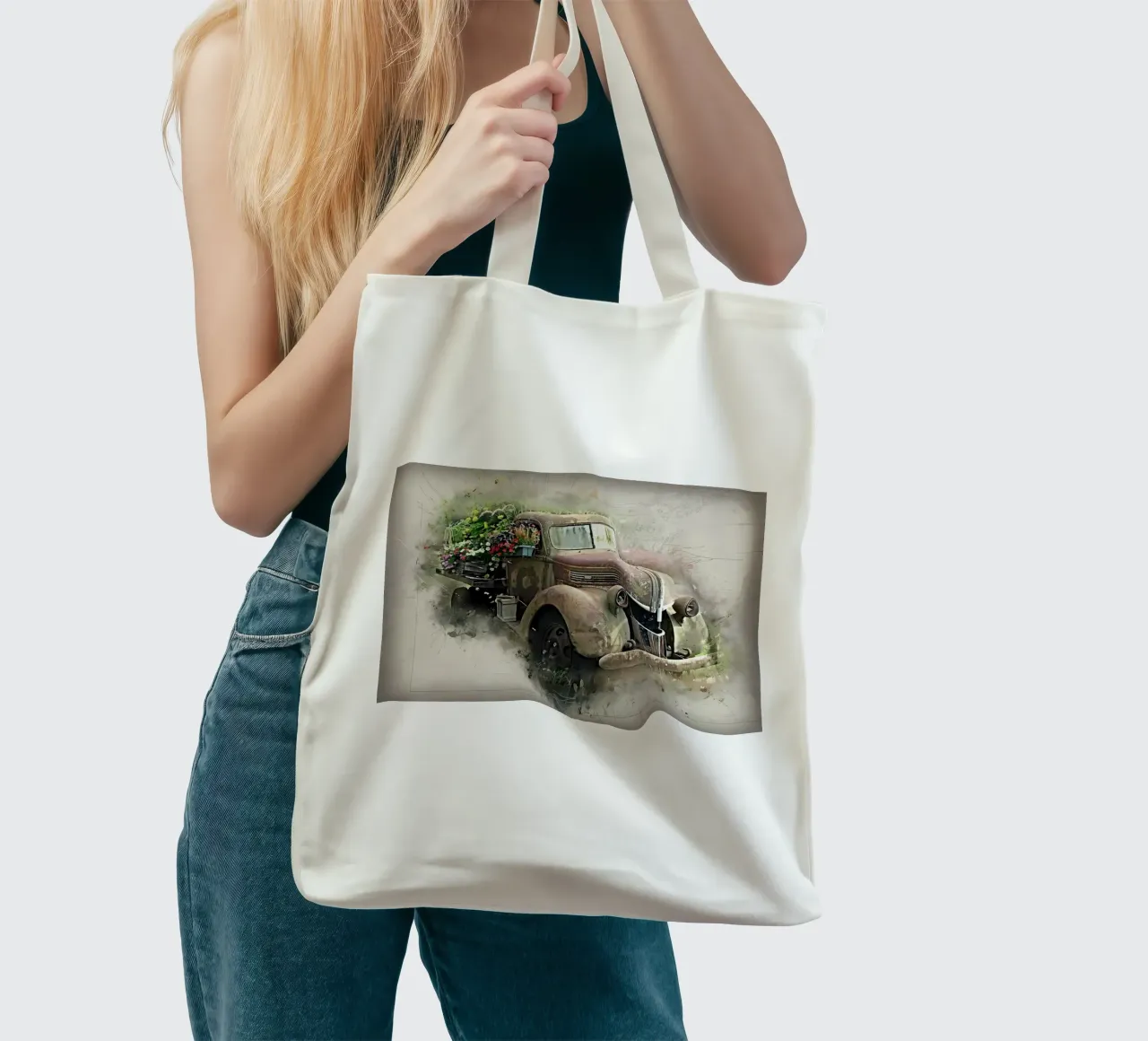 Auto retrò con fiori borsa in juta da diedrich