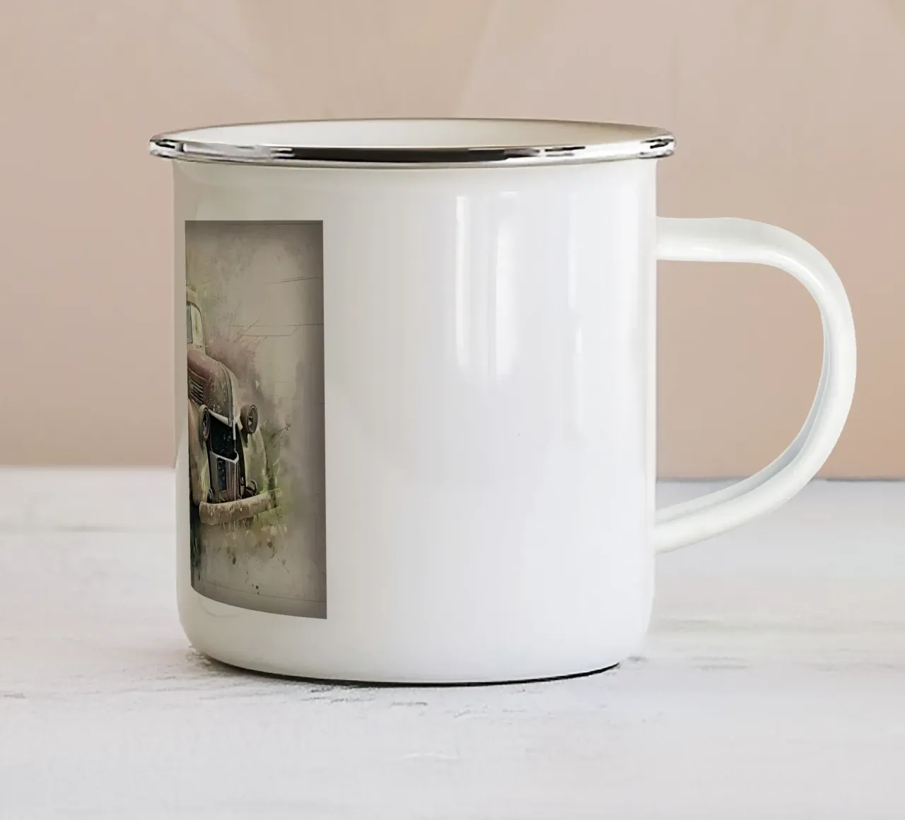 Auto retrò con fiori tazza in smalto da diedrich