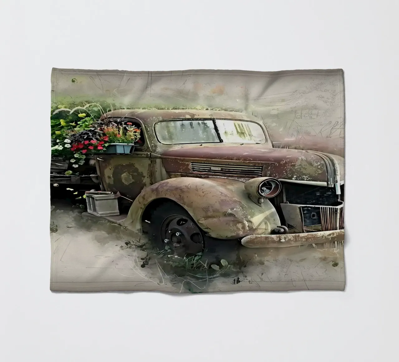 Auto retrò con fiori coperta in pile da diedrich