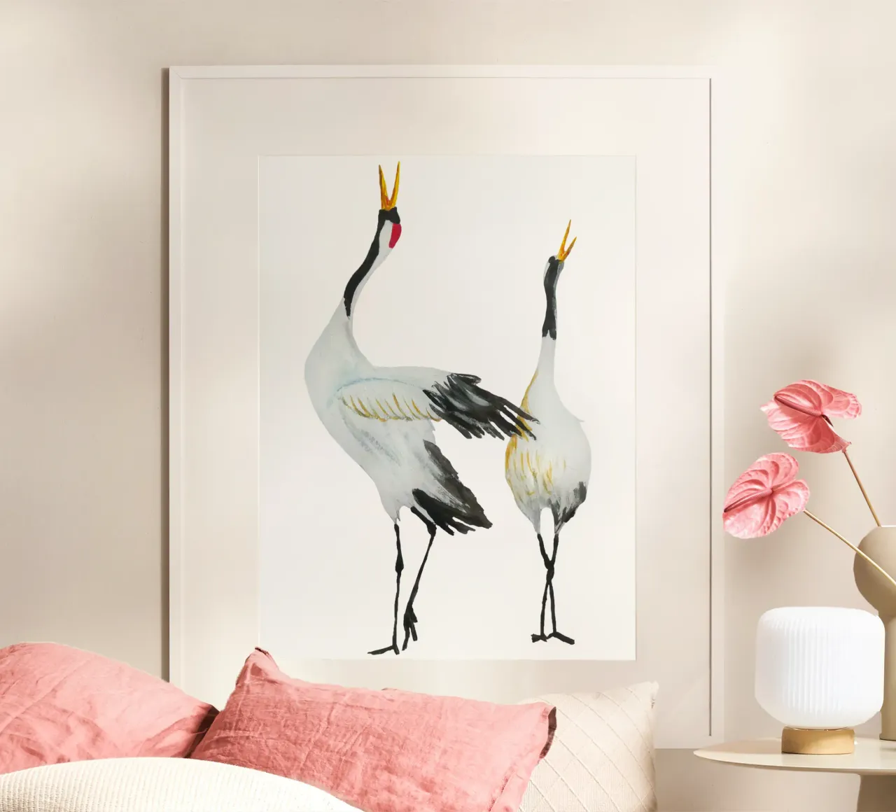 Japanese cranes poster con telaio in alluminio da Femke Zwaan