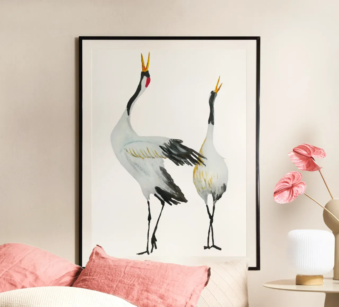 Japanese cranes poster con telaio in alluminio da Femke Zwaan
