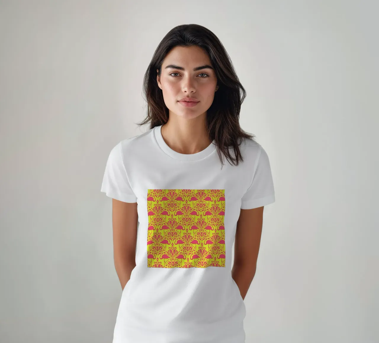 Flamingo Damask - yellow t-shirt da Jacqueline Maldonado