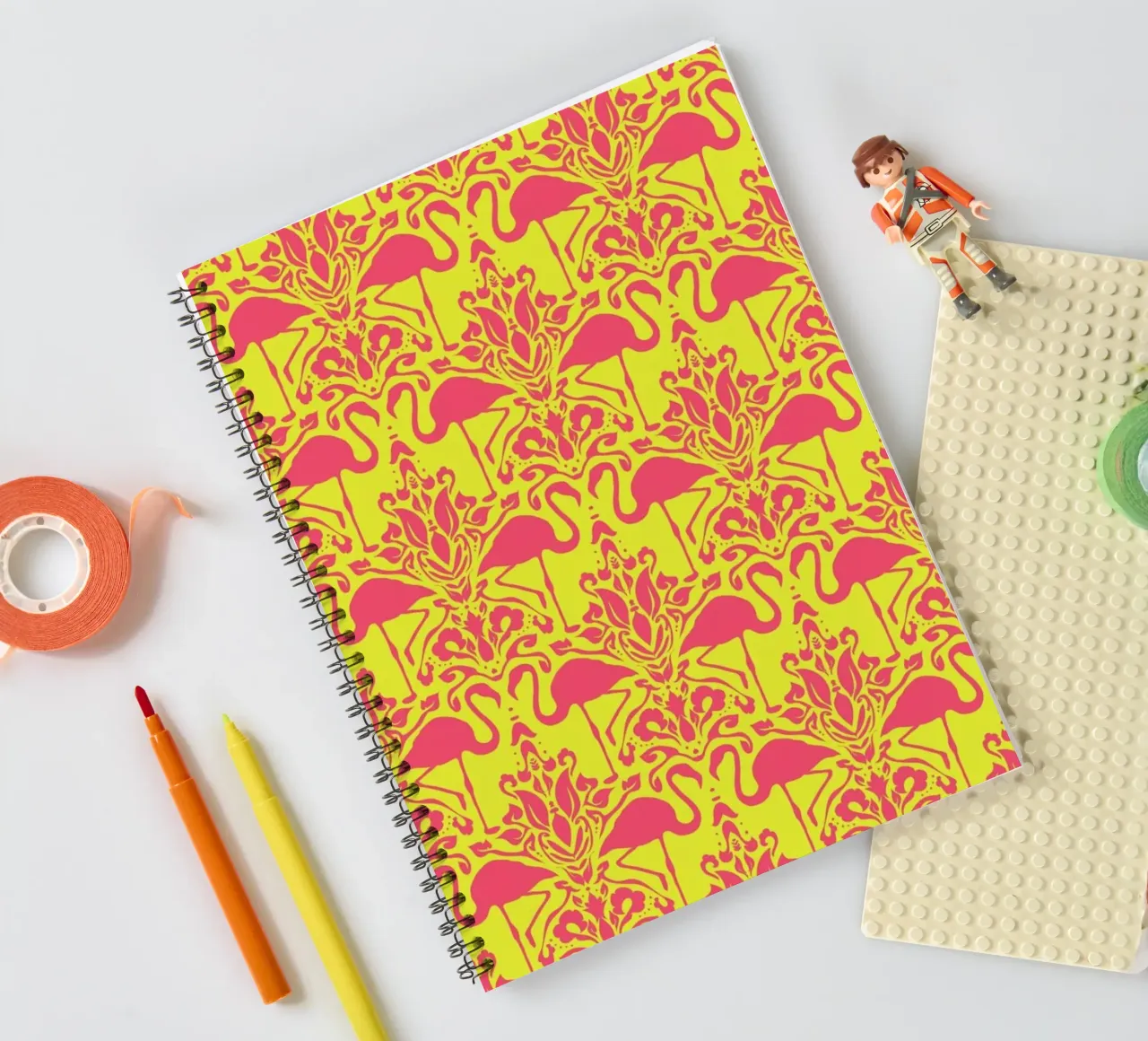 Flamingo Damask - yellow spiral notebook by Jacqueline Maldonado