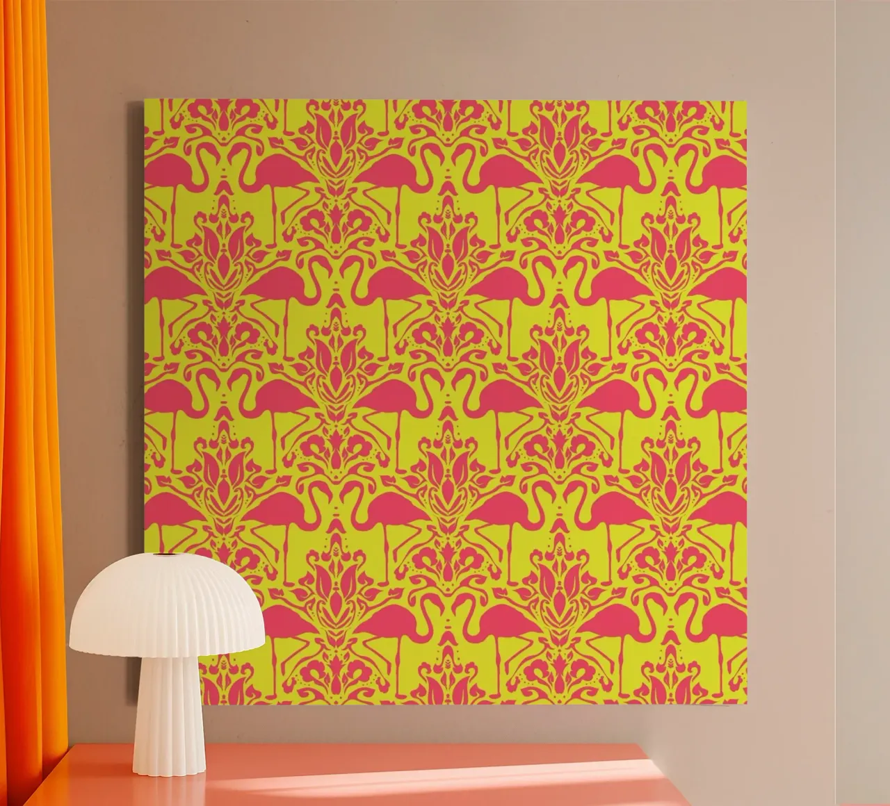 Flamingo Damask - yellow canvas van Jacqueline Maldonado