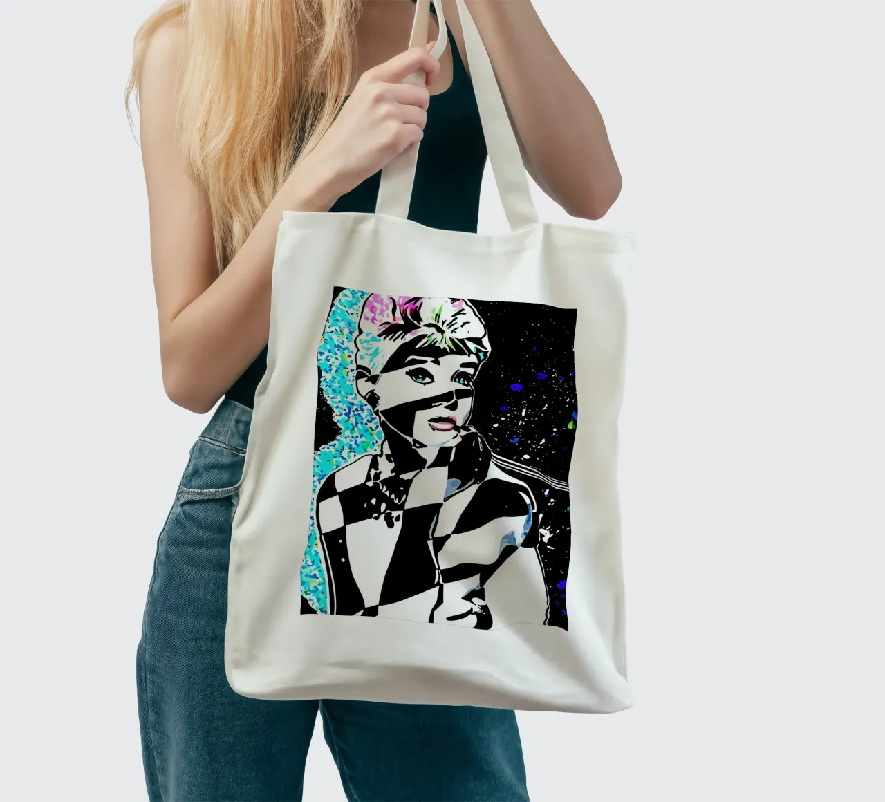 Hepburn Glitch: Quando il classico incontra il cosmico! borsa in juta da Eni Brandon