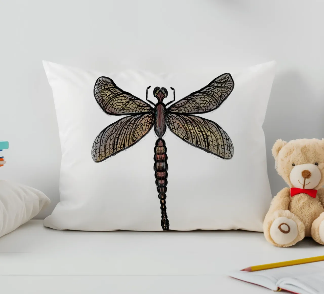 daily sketch dragonfly - 2 decorative cushion by words-in-frames
