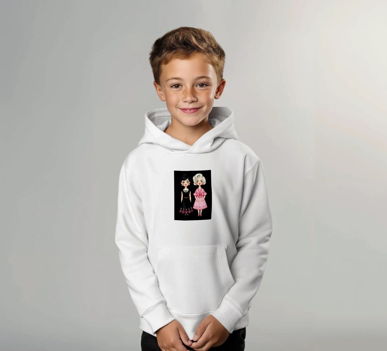 Marilyn Monroe con Audrey Hepburn sudadera con capucha para niño de COLLEEN CRAFTS