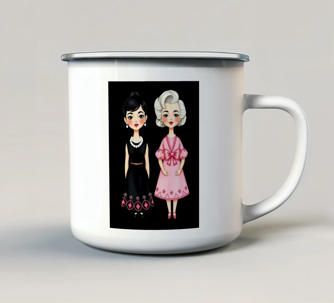 Marilyn Monroe con Audrey Hepburn tazza in smalto da COLLEEN CRAFTS
