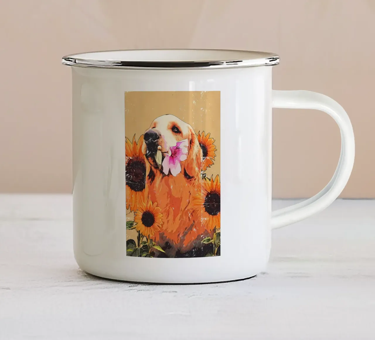 Perro girasol taza de esmalte de diedrich
