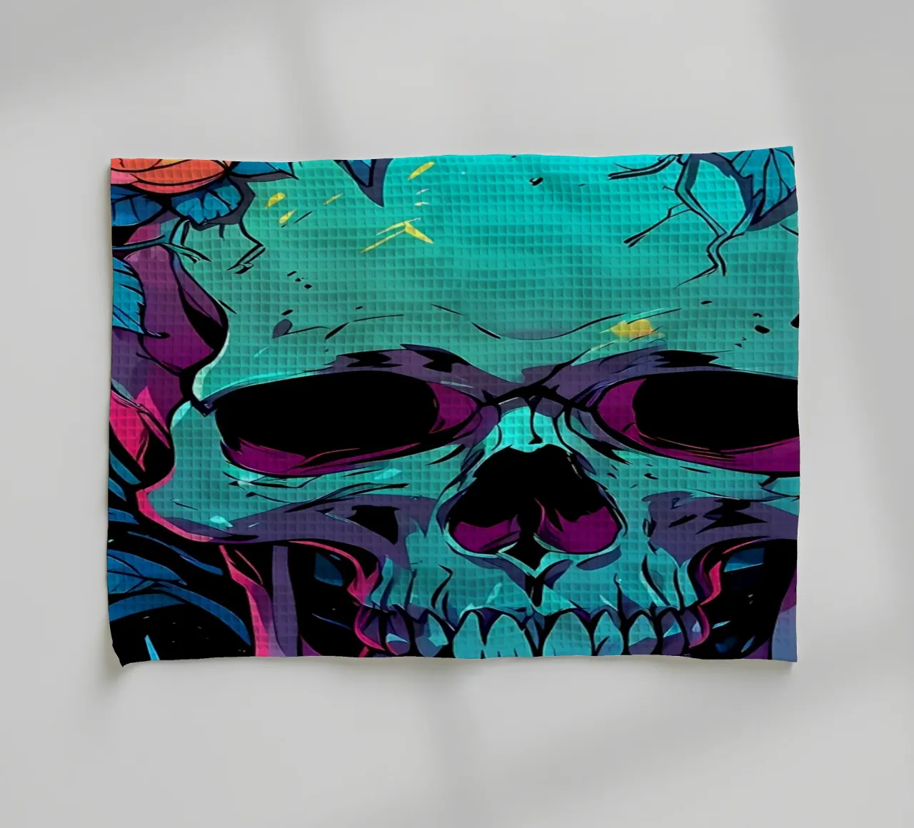 Neon Skull with Roses tea towel by diedrich