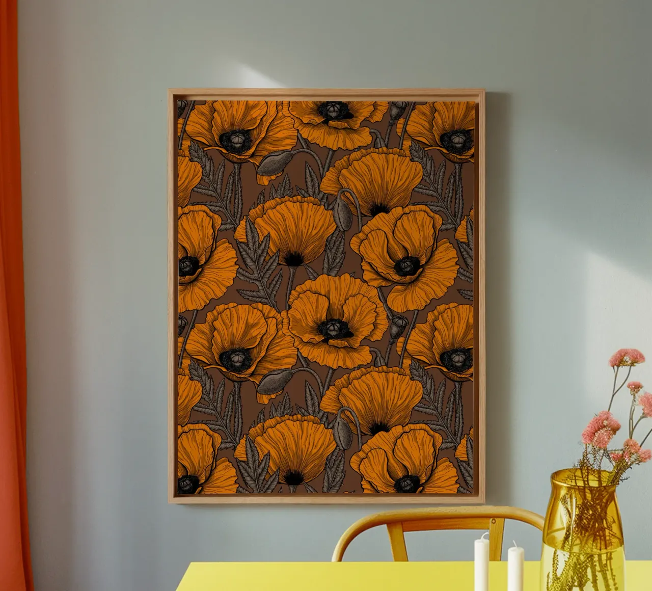 Oranje papaver tuin canvas met Baklijst van Painted Nature