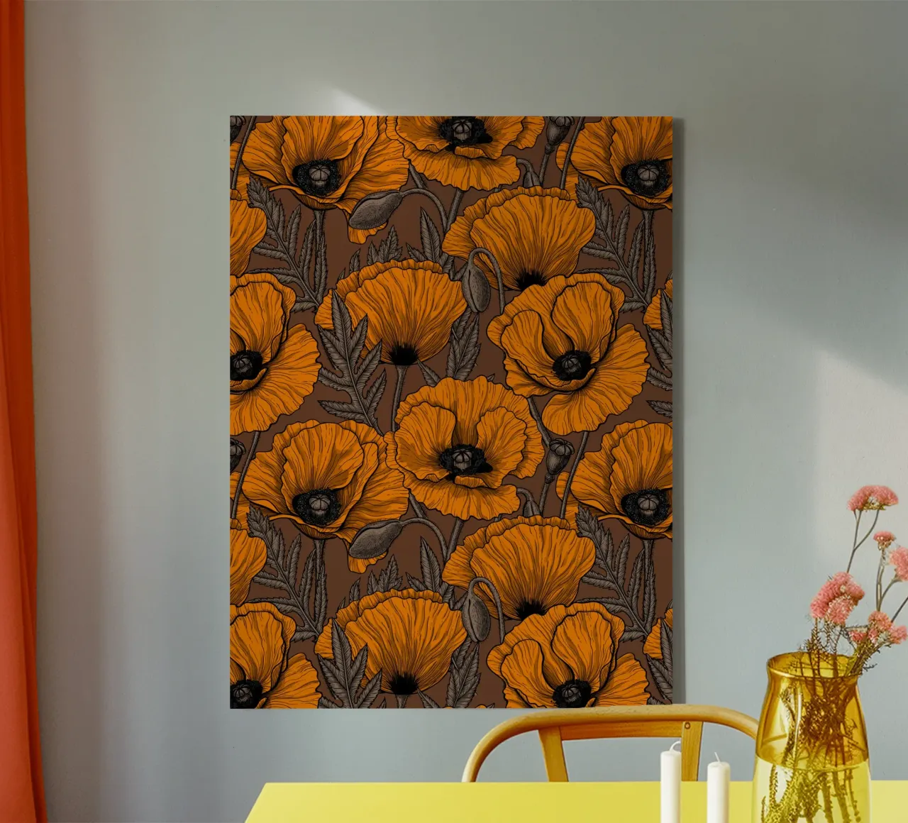 Oranje papaver tuin canvas met Baklijst van Painted Nature