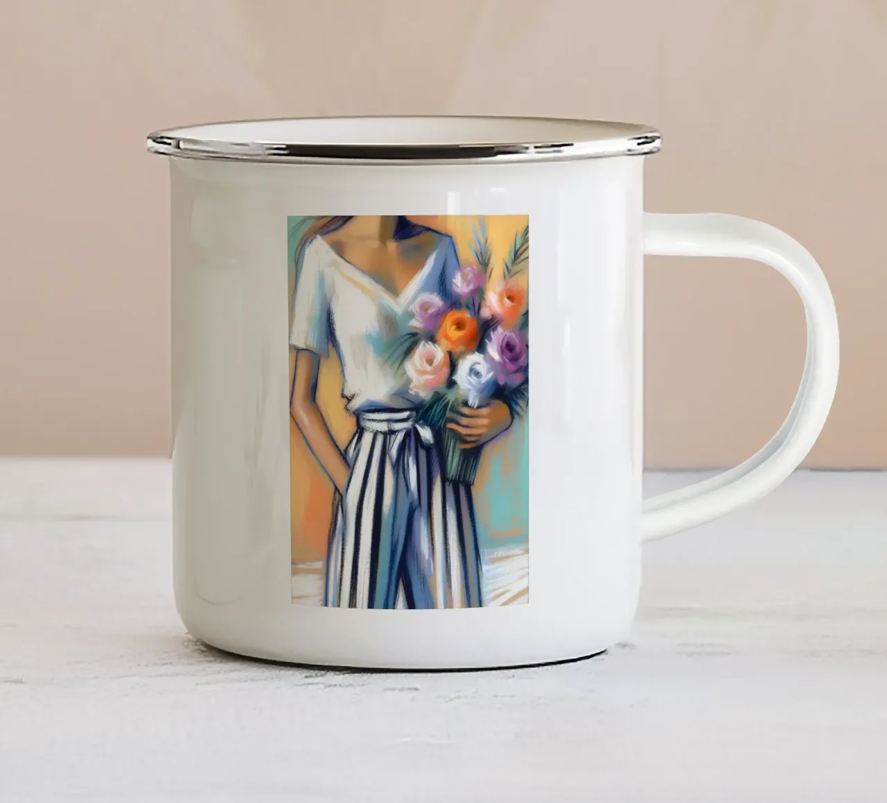 Donna con fiori tazza in smalto da ARTOMATIC