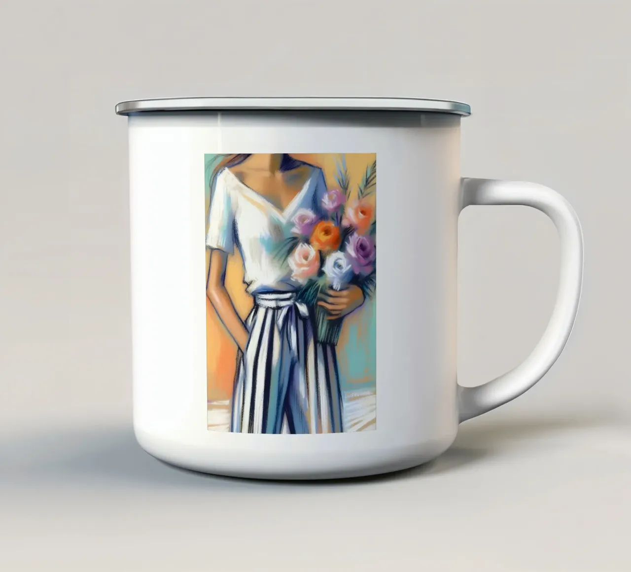 Donna con fiori tazza in smalto da ARTOMATIC