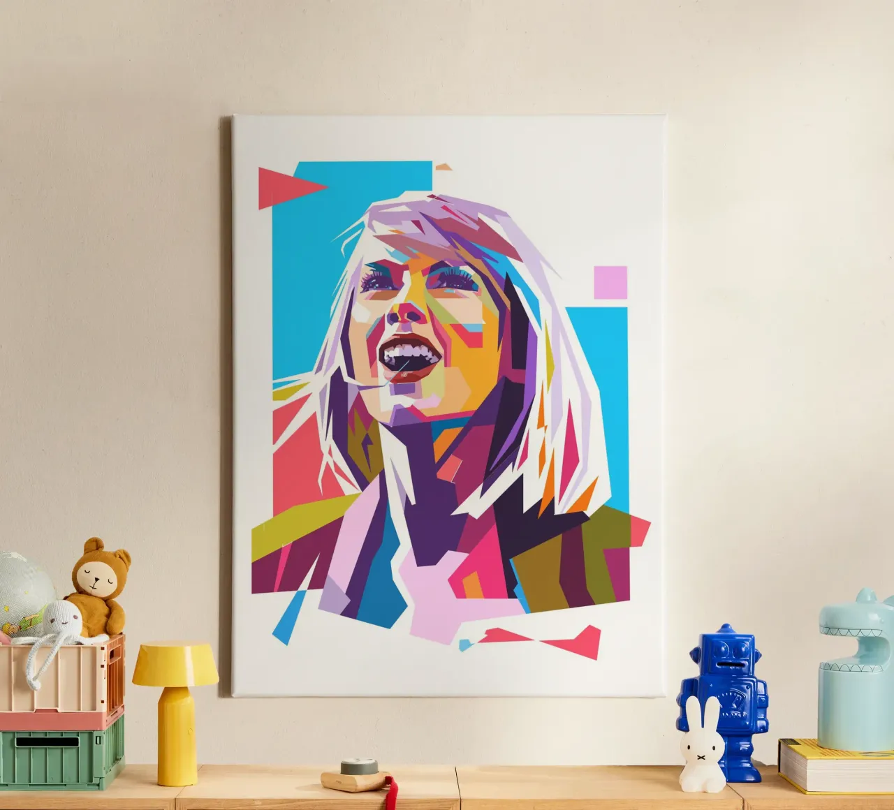 Taylor Swift Pop-Art-Porträt Leinwand mit Schattenfugenrahmen von Hantamrata