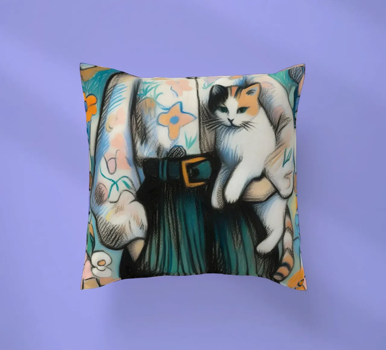 Donna che tiene in braccio un gatto cuscino da ARTOMATIC