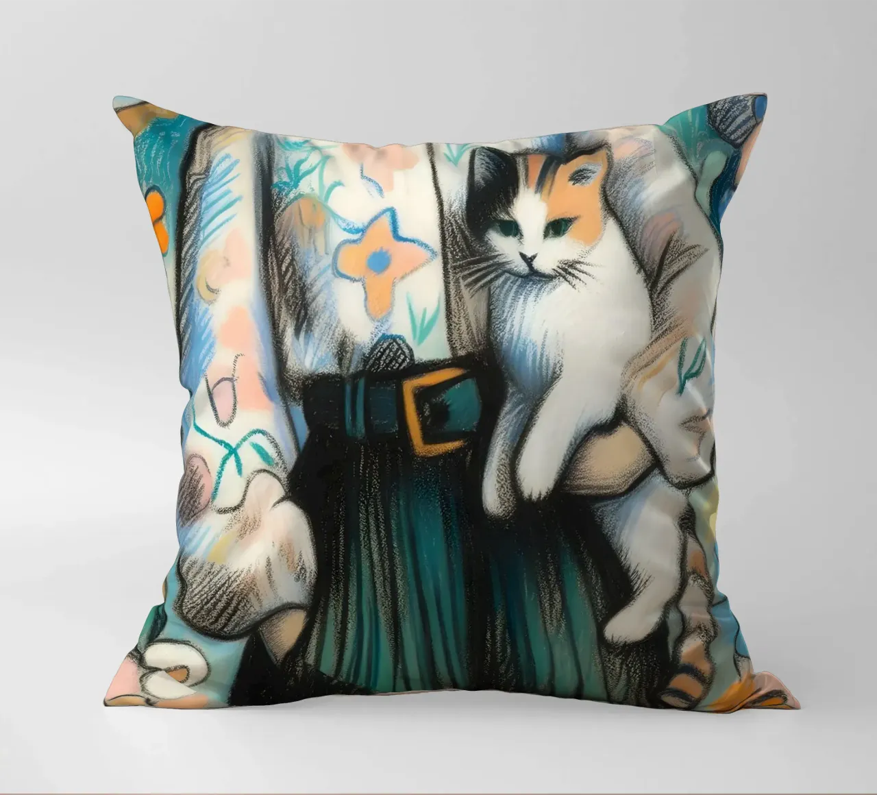 Donna che tiene in braccio un gatto cuscino da ARTOMATIC