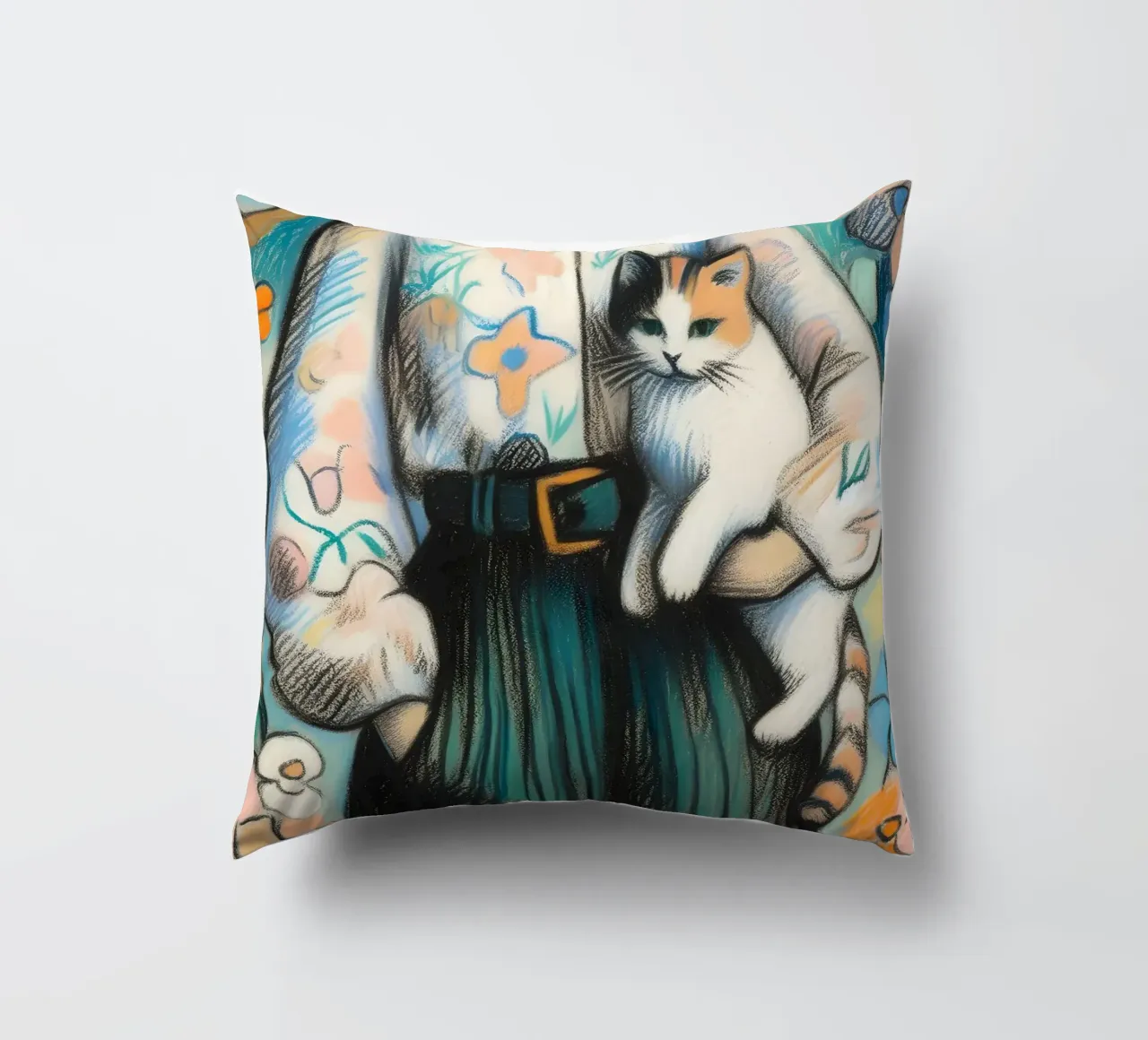 Donna che tiene in braccio un gatto cuscino da ARTOMATIC