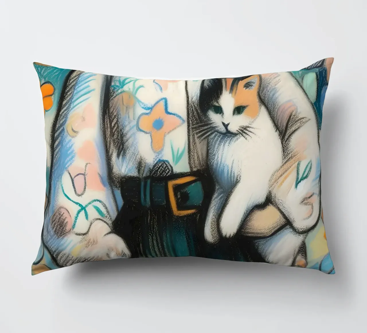 Donna che tiene in braccio un gatto cuscino da ARTOMATIC