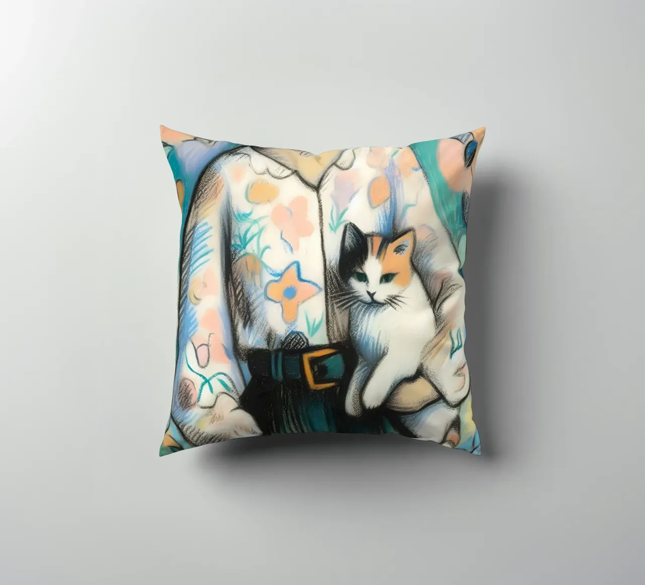 Donna che tiene in braccio un gatto cuscino da ARTOMATIC