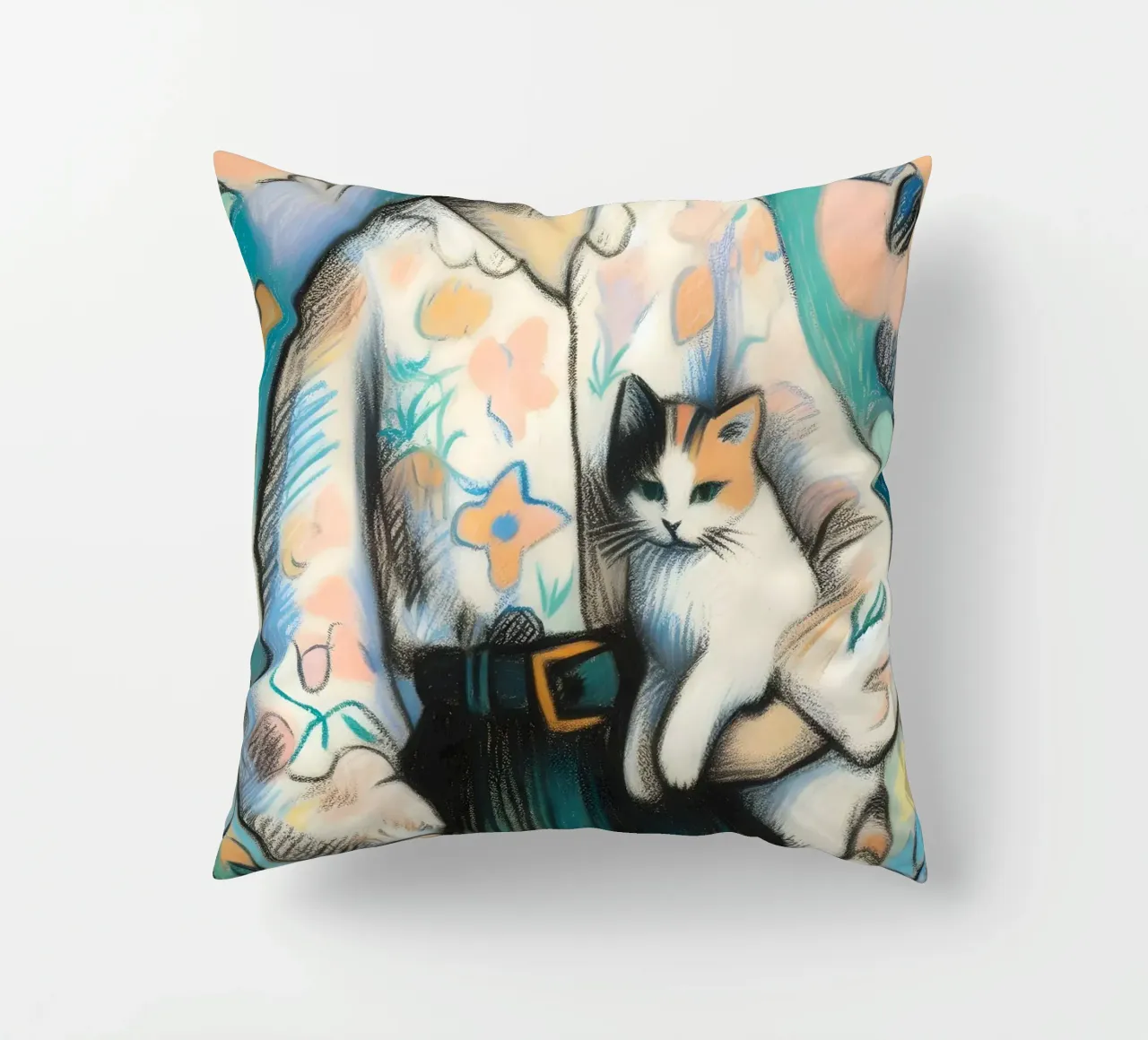 Donna che tiene in braccio un gatto cuscino da ARTOMATIC