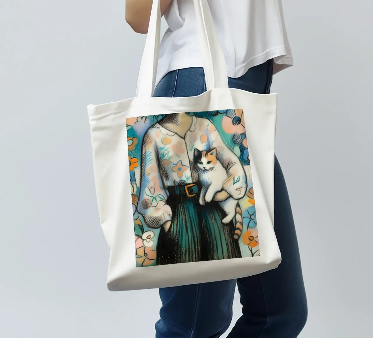 Donna che tiene in braccio un gatto borsa in juta da ARTOMATIC