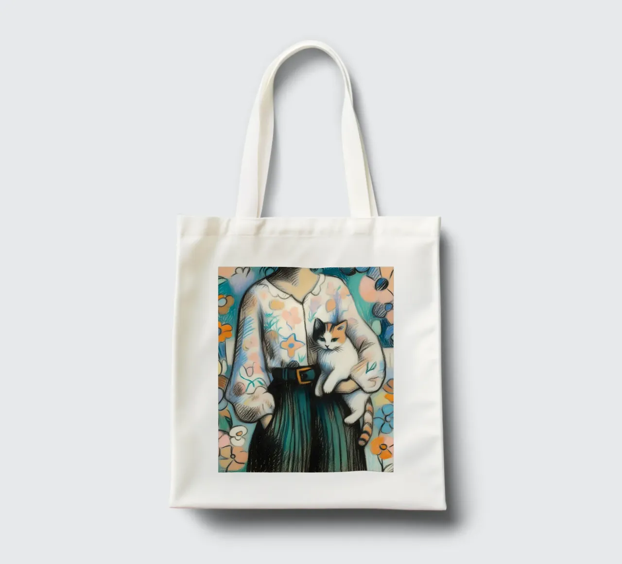 Donna che tiene in braccio un gatto borsa in juta da ARTOMATIC