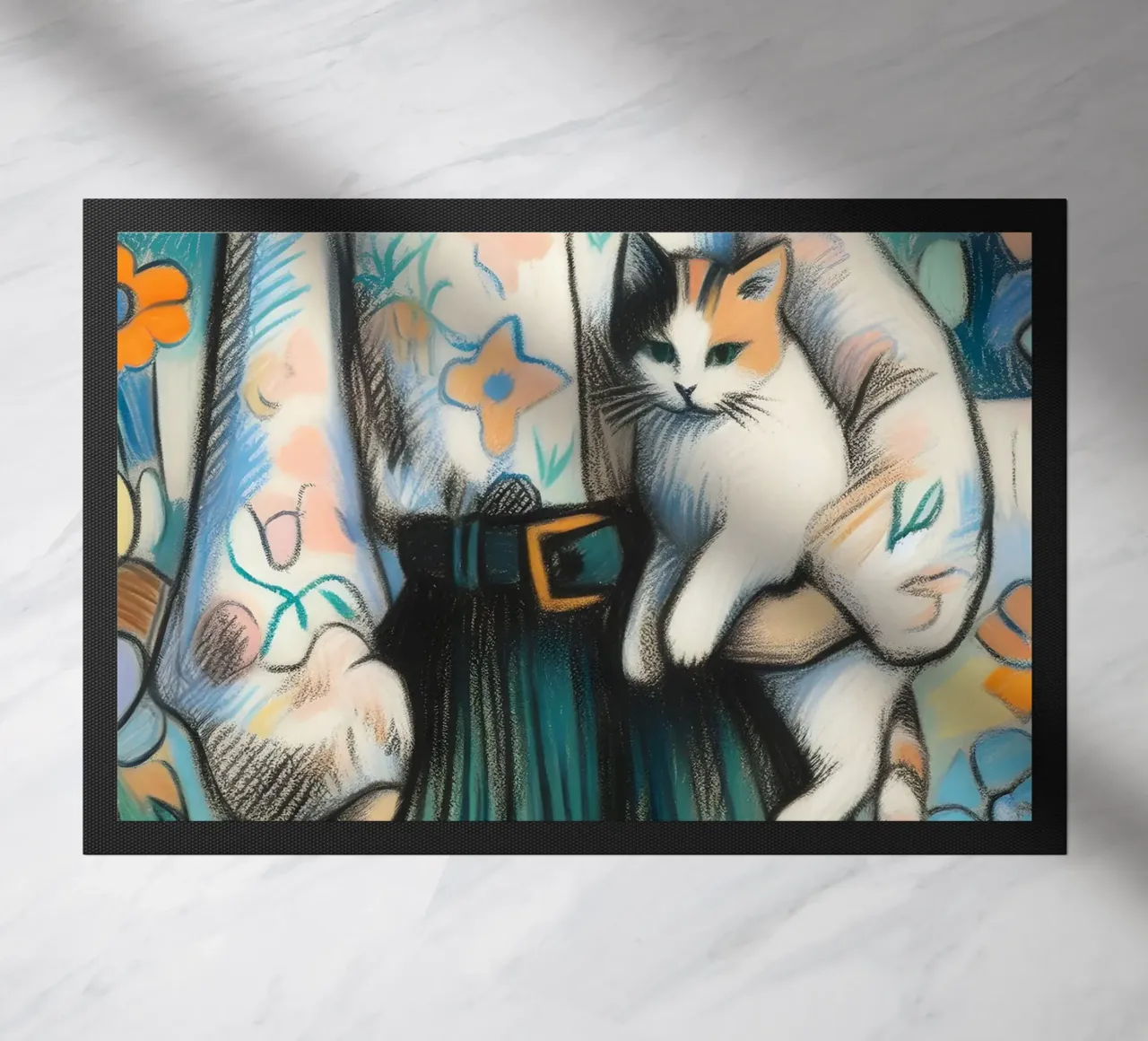 Donna che tiene in braccio un gatto zerbino da ARTOMATIC