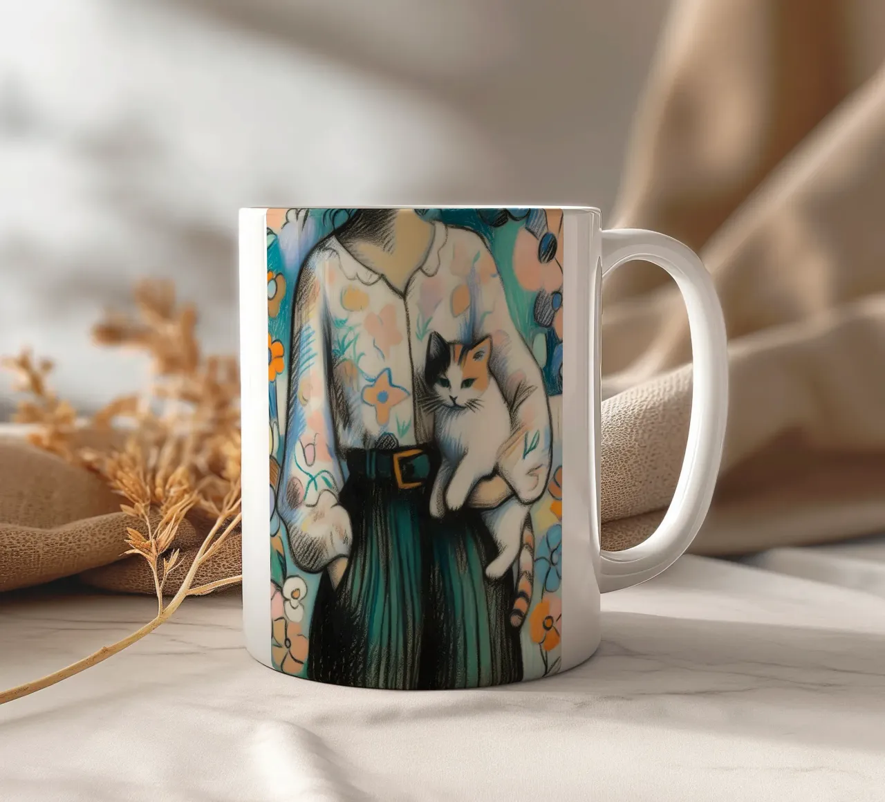 Donna che tiene in braccio un gatto tazza in ceramica da ARTOMATIC