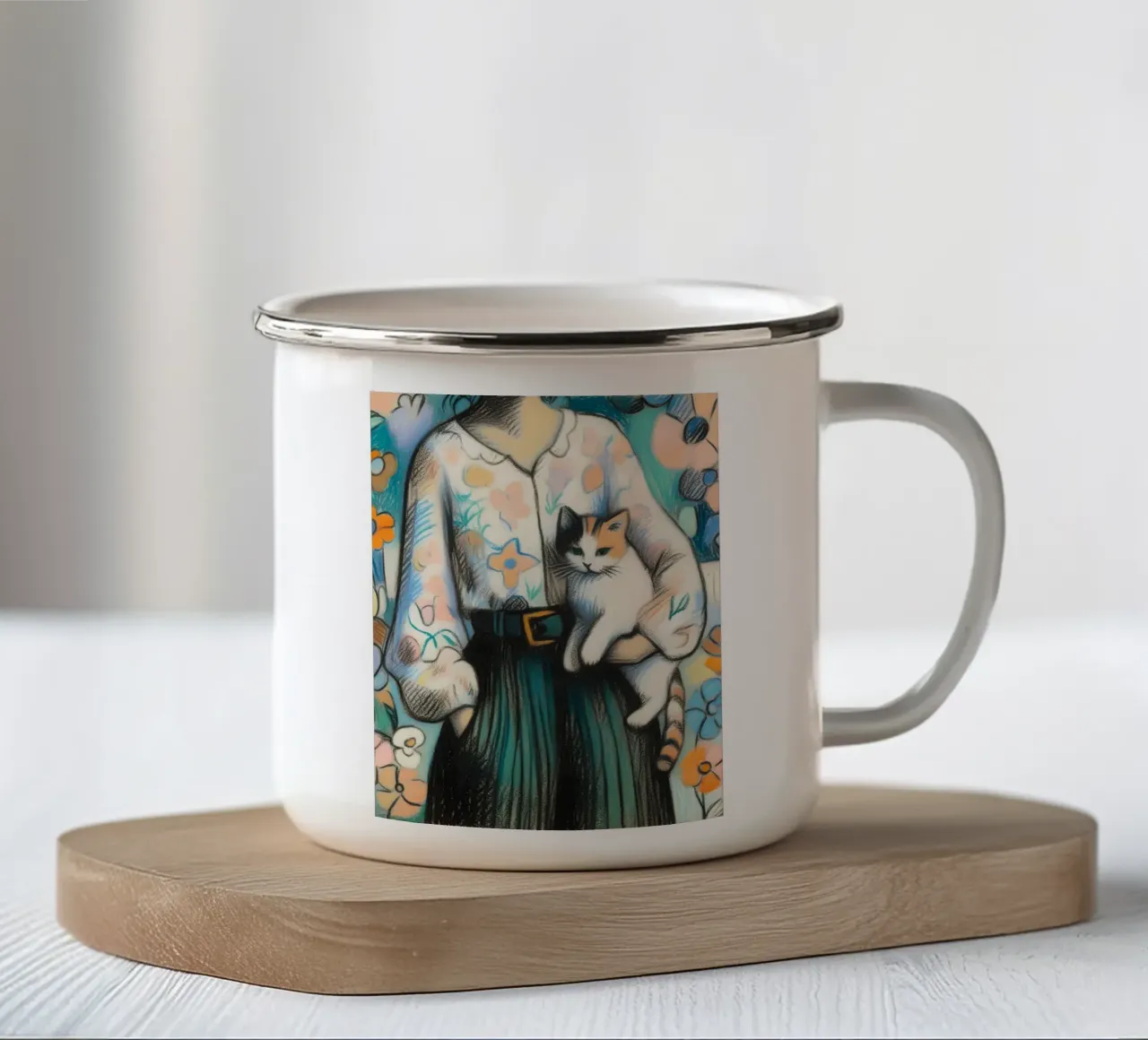 Donna che tiene in braccio un gatto tazza in smalto da ARTOMATIC