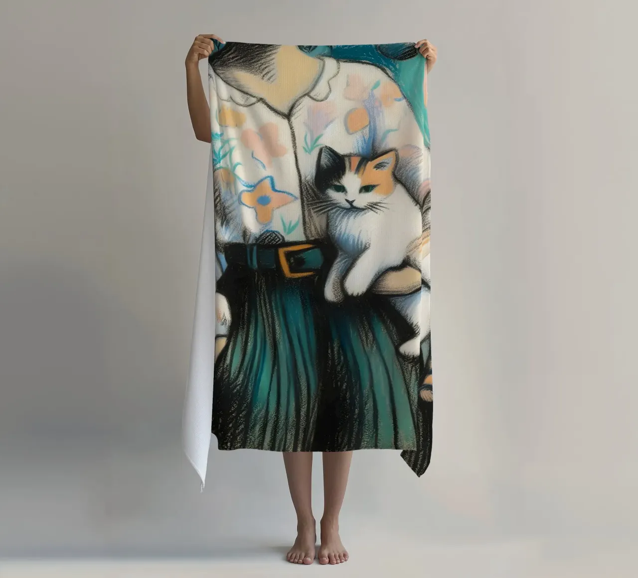 Donna che tiene in braccio un gatto telo mare da ARTOMATIC