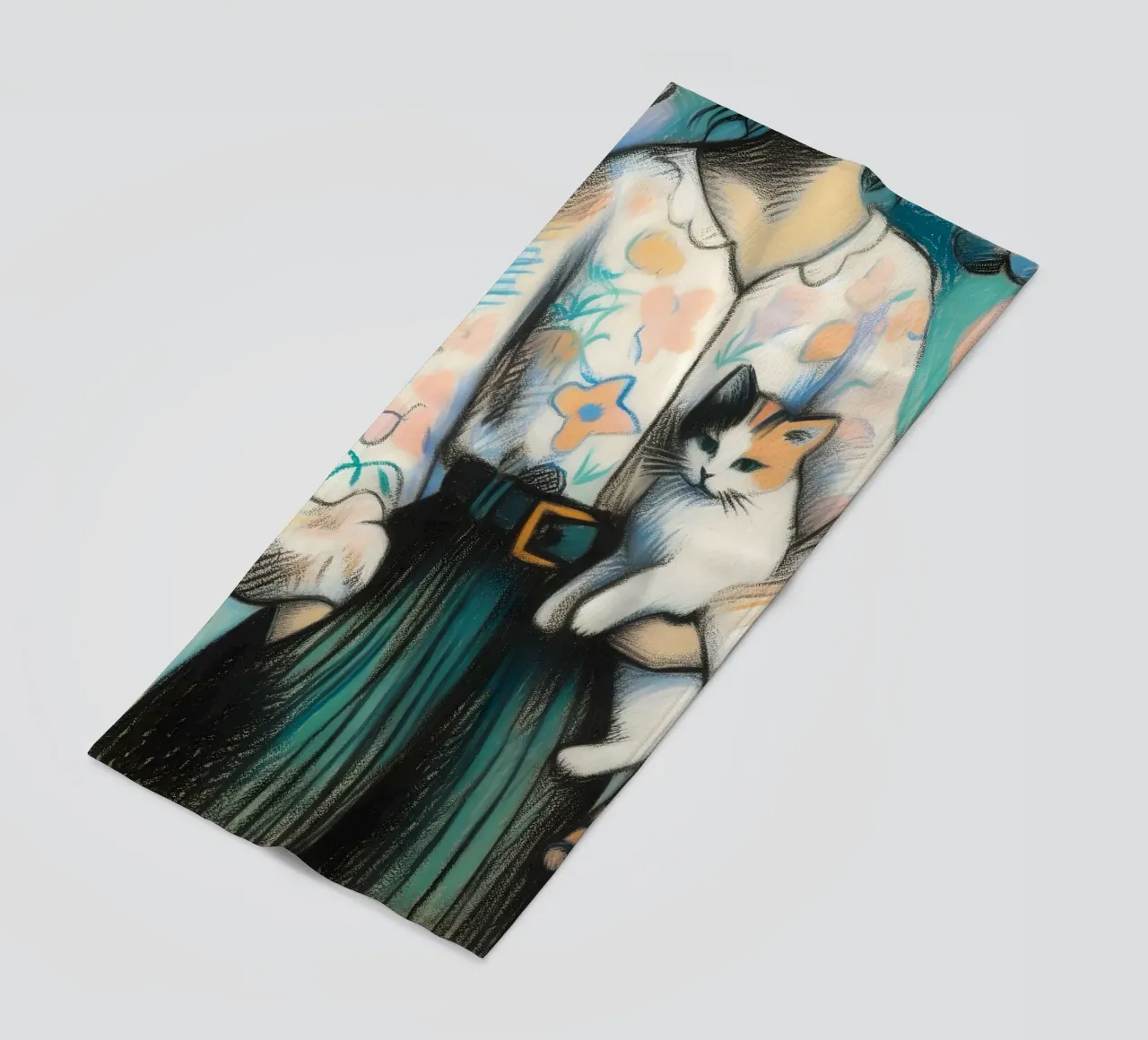 Donna che tiene in braccio un gatto telo mare da ARTOMATIC