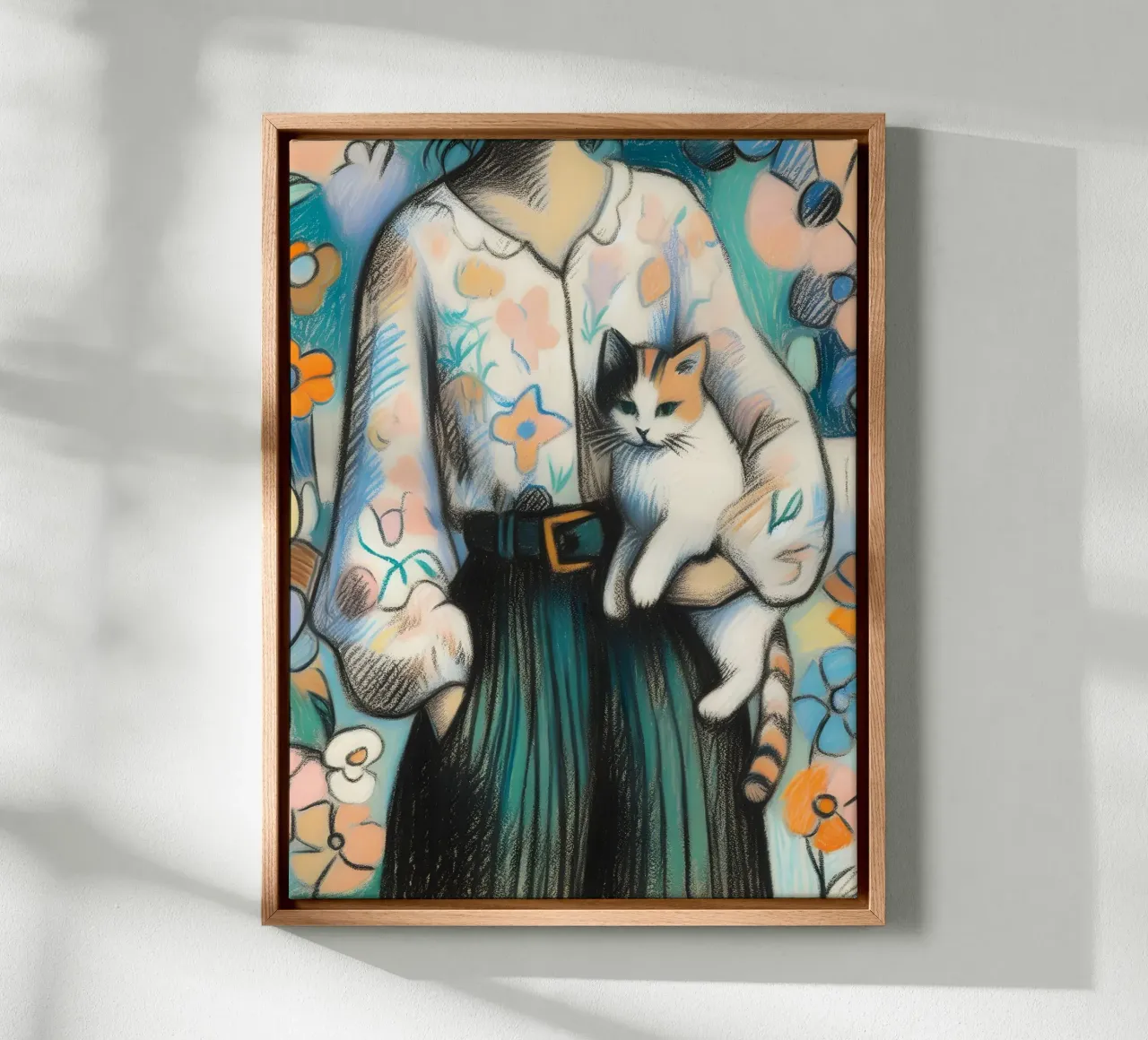 Donna che tiene in braccio un gatto tela con Cornice a cassetta da ARTOMATIC