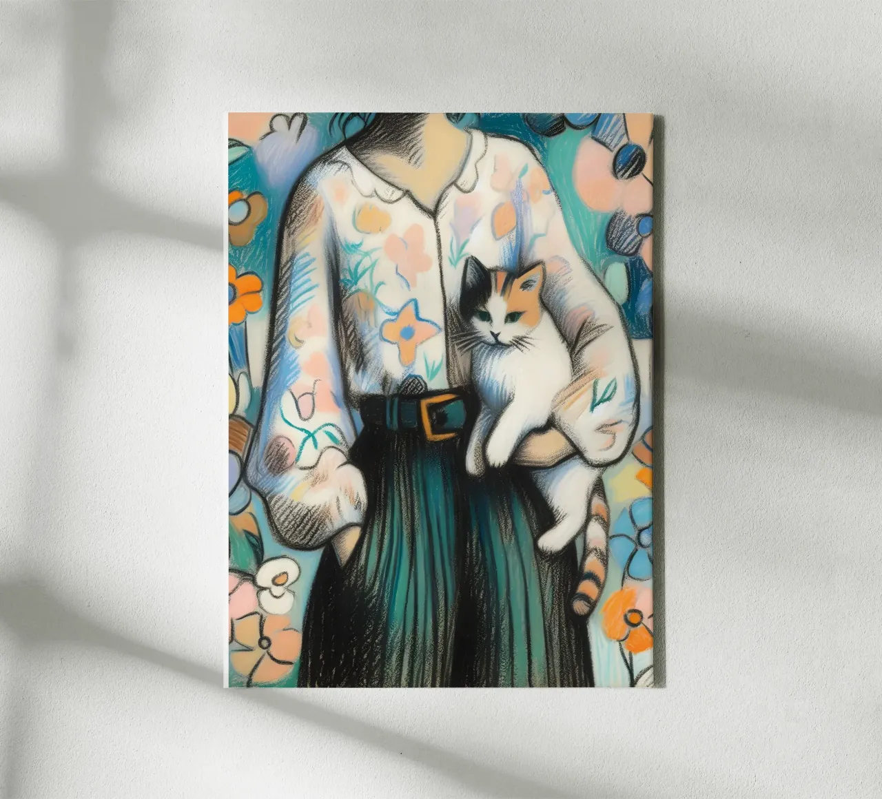 Donna che tiene in braccio un gatto tela con Cornice a cassetta da ARTOMATIC