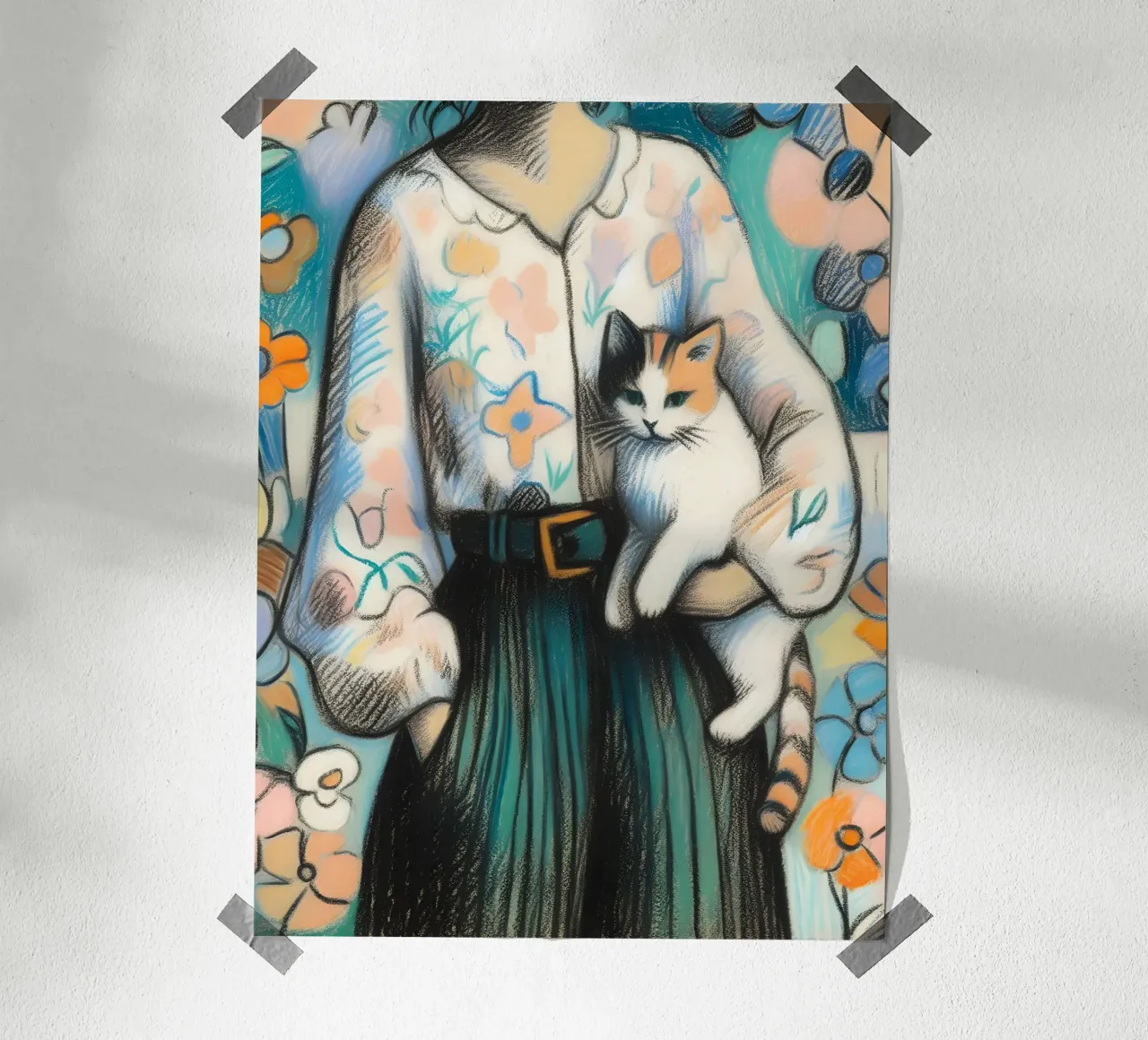 Donna che tiene in braccio un gatto poster da ARTOMATIC
