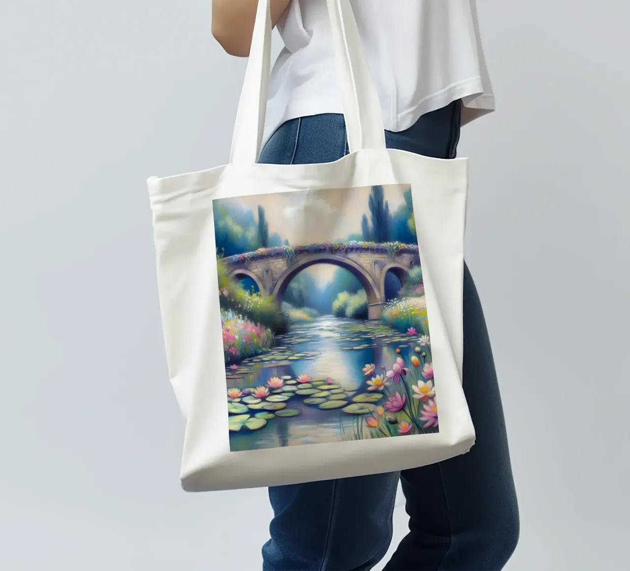 Stagno con ninfee in stile Monet borsa in juta da ARTOMATIC