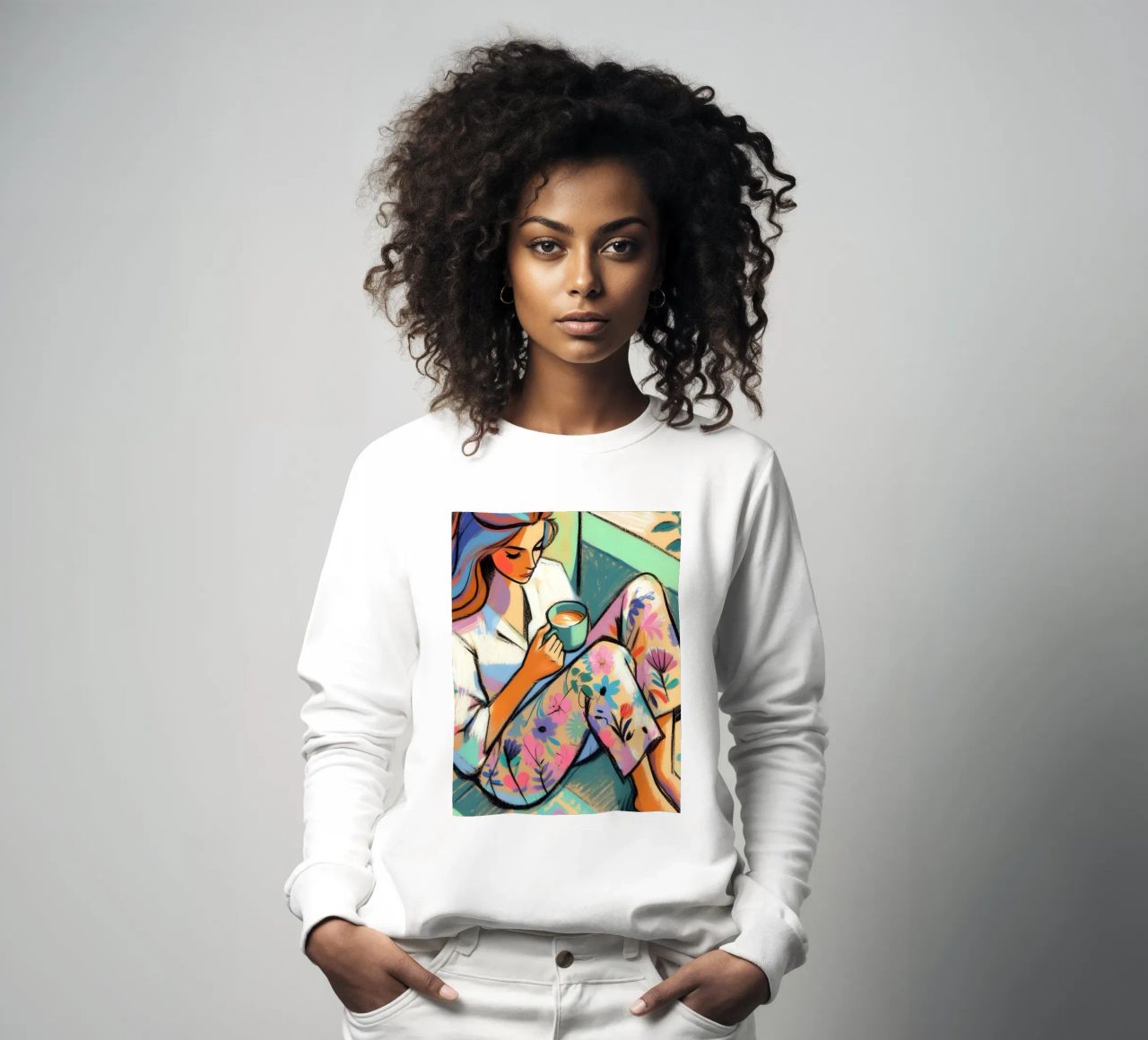 DONNA CALMA E RILASSATA CON IL CAFFÈ felpa da ARTOMATIC