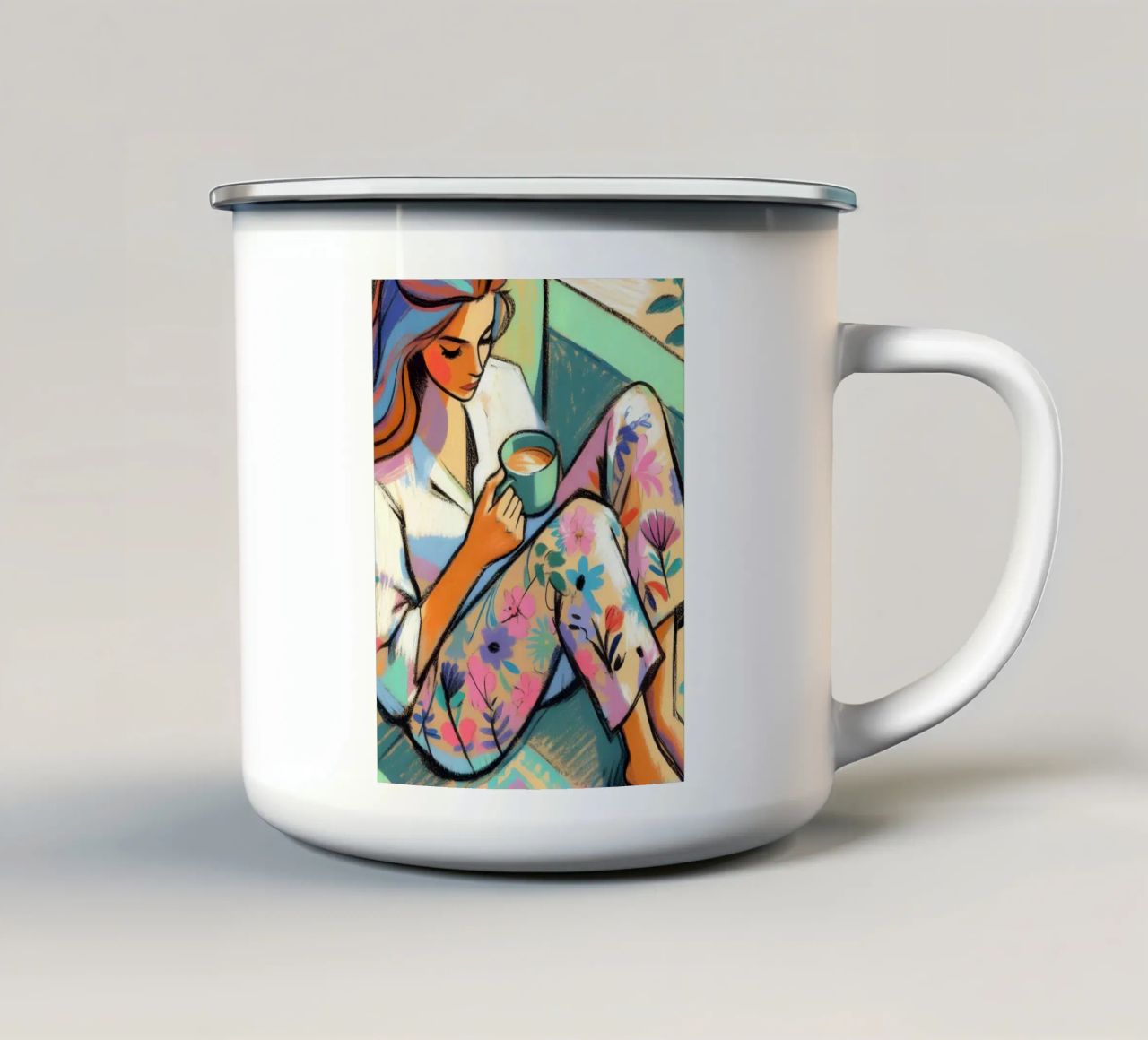 DONNA CALMA E RILASSATA CON IL CAFFÈ tazza in smalto da ARTOMATIC